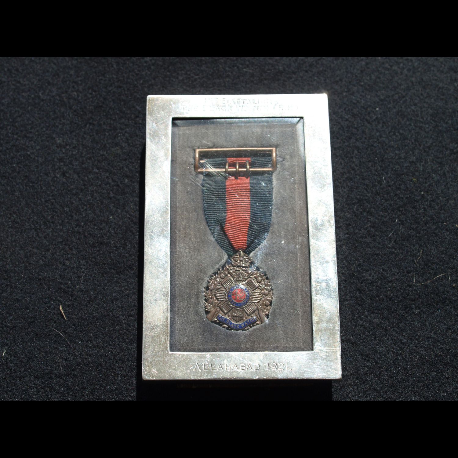 Black Watch regimental medal, bronze & enamel in hallmarked silver frame Allahabad 1921