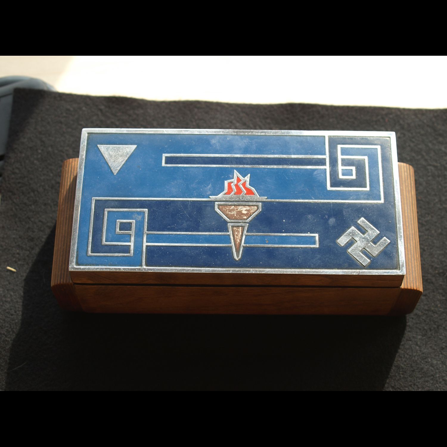 1936 Nazi Berlin Olympics walnut & enamel cigarette box by Joseph Lucas Ltd Birmingham