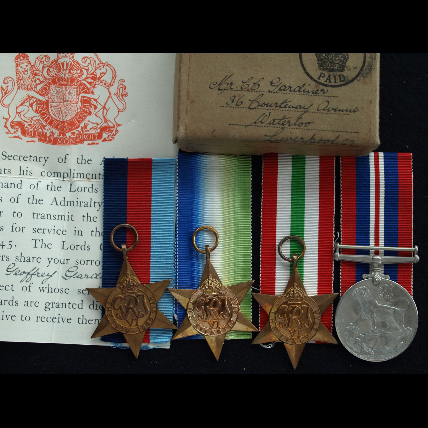 1939/45, Atlantic and Italy Stars Group AB Gardiner RN KIA HMS Eclipse 24/10/1943