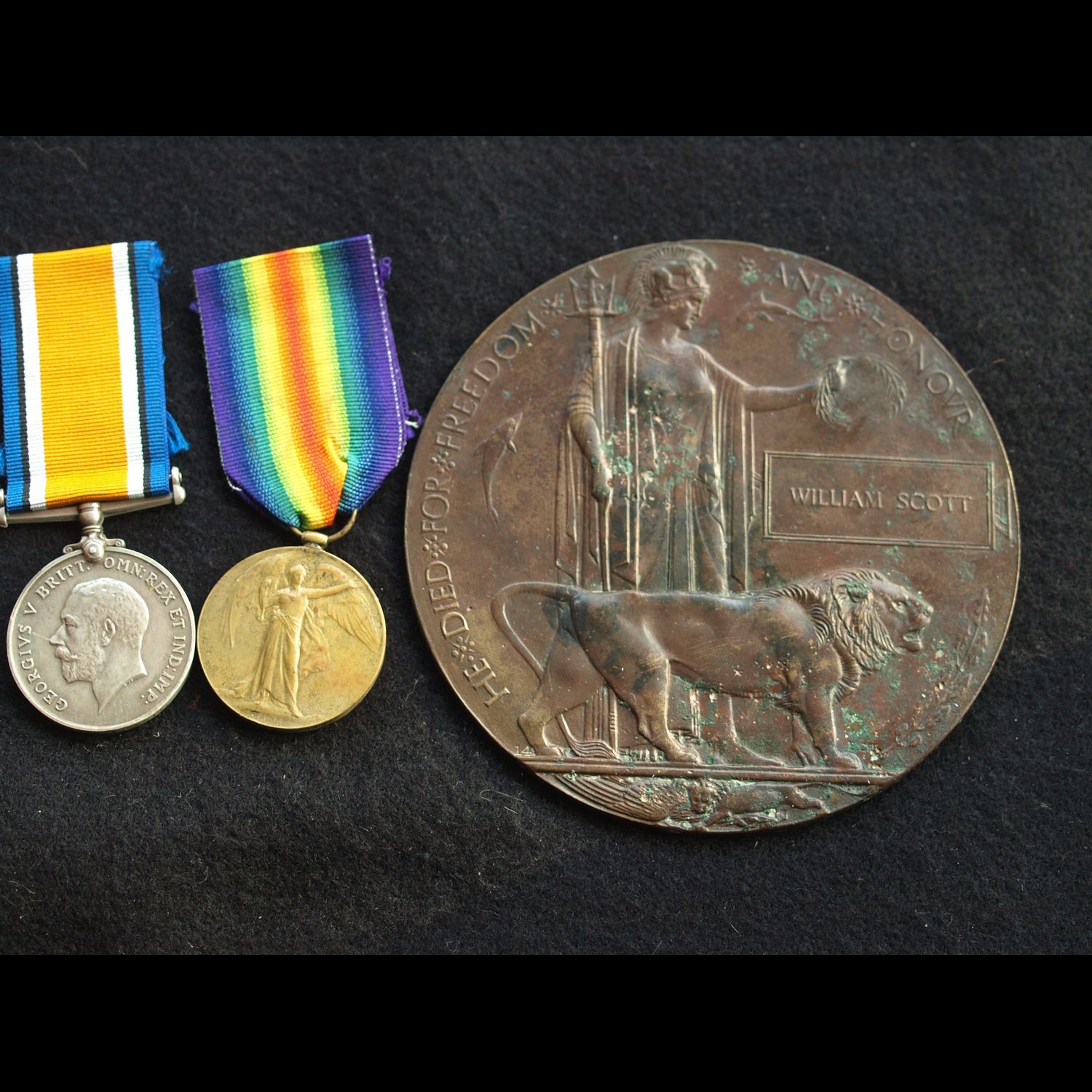 WW1 Pair & Plaque 2nd Lt Scott KIA 13th Welsh Regt late SWB & Royal Scots